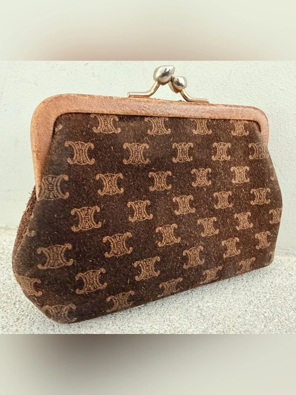 CELINE Rare Vintage C Macadam Suede Padded Kiss Lock Coin Purse